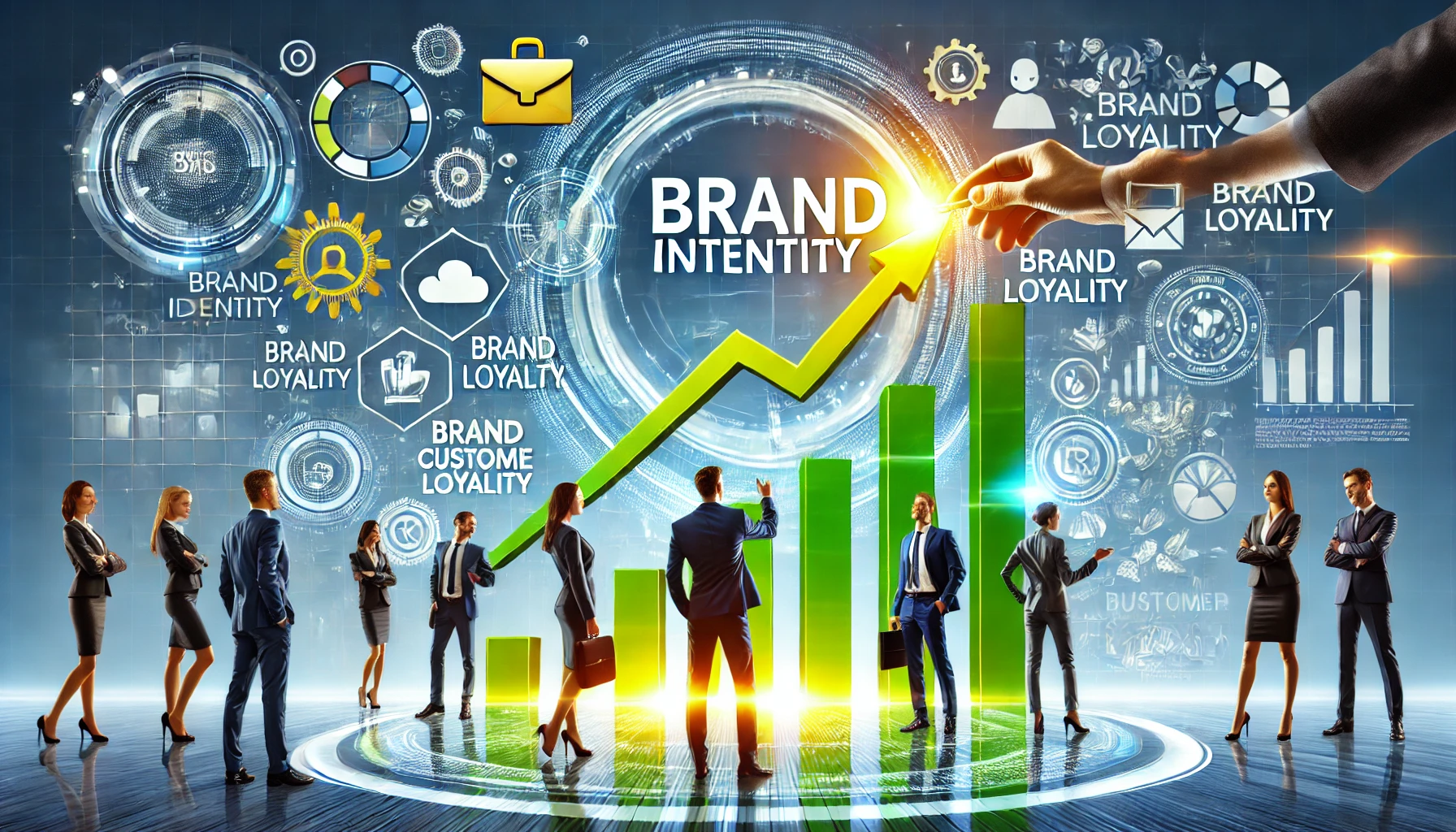 A realistic and professional image representing why businesses need a brand identity to attract and retain customers. The image should include business-related symbols such as logos, customer engagement, brand loyalty, and a clear upward growth graph. Use vibrant corporate colors like blue, green, and yellow with realistic elements, sharper details, and clean lines to convey trust, energy, and growth. Include realistic human figures interacting with a brand logo in a wide landscape format, demonstrating customer loyalty and connection in a business setting.