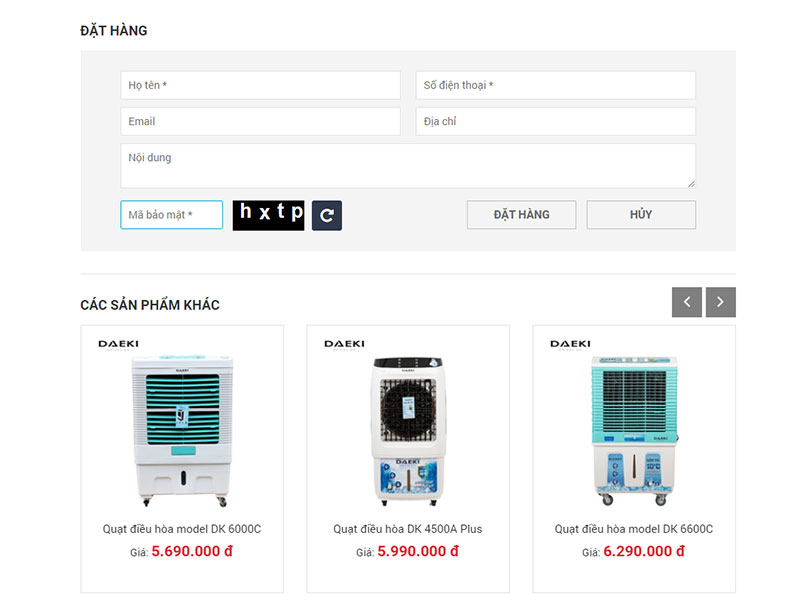 Khối cuối trang chi tiết sản phẩm website điện lạnh Daeki.com.vn
