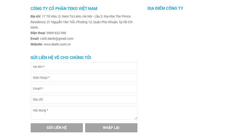 Trang liên hệ website điện lạnh Daeki.com.vn